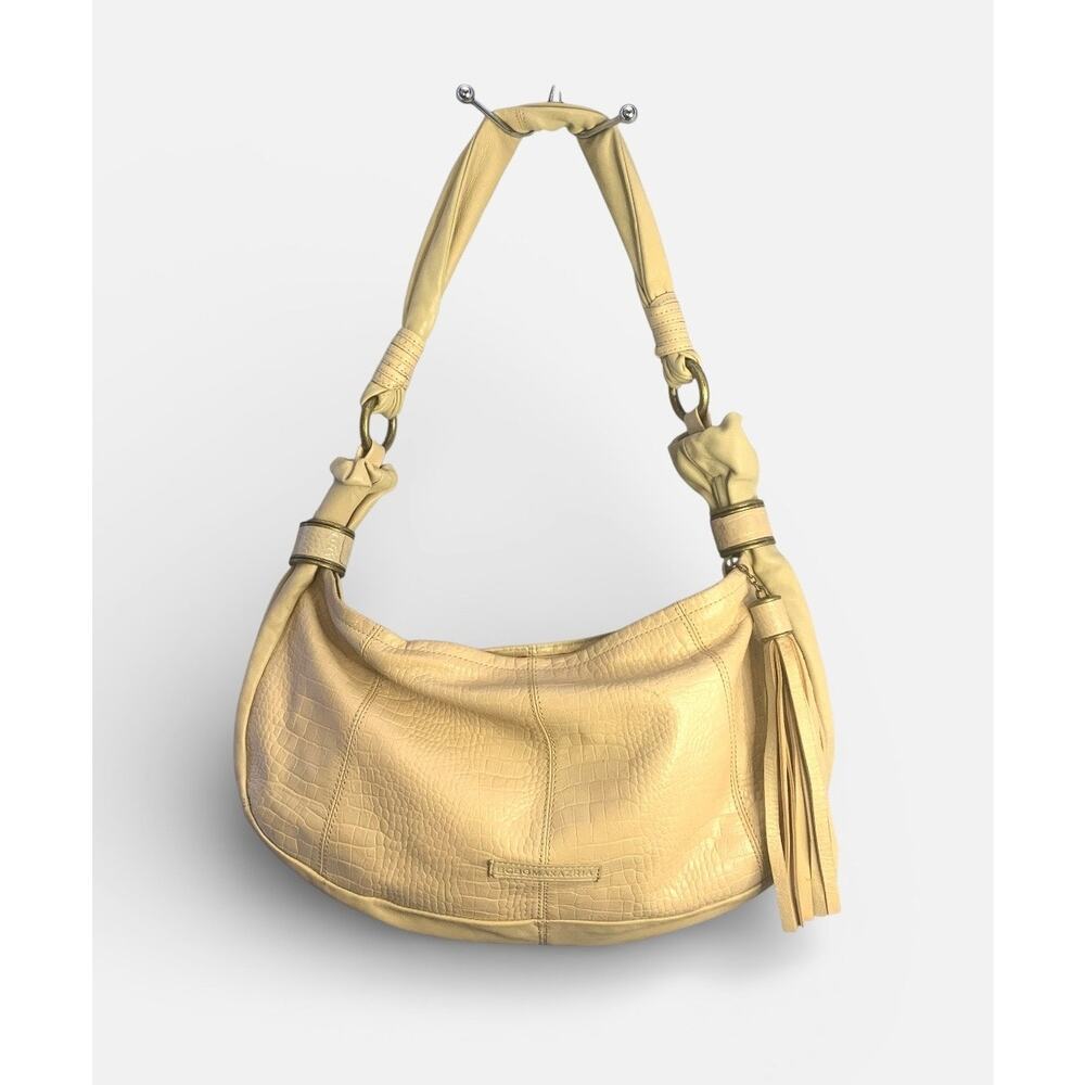 BCBGMAXAZRIA Hobo Shoulder Bag Buttery Soft Cream Leather Alligator Emboss Y2K